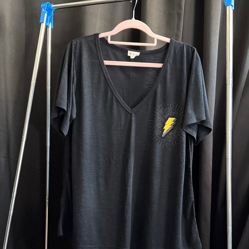 POL Black V-Neck Tee with Yellow Lightning Bolt
